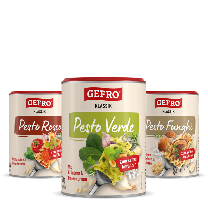 Drei GEFRO Klassik Pestosorten in Dosen: Pesto Rosso, Pesto Verde und Pesto Funghi zum selbst Anrühren.