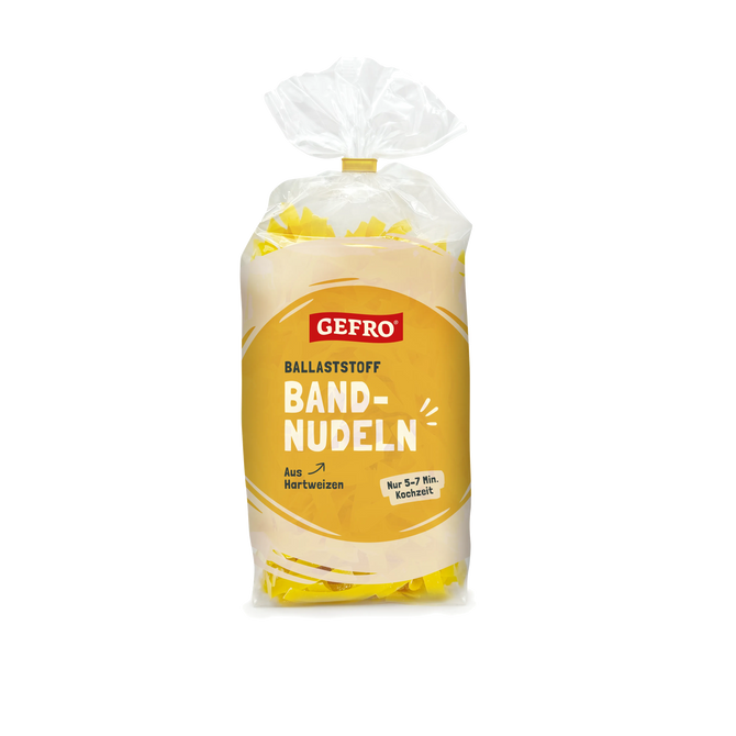 Verpackung GEFRO Ballaststoff-Bandnudeln aus Hartweizen in transparentem Beutel mit gelbem Etikett und Clipverschluss