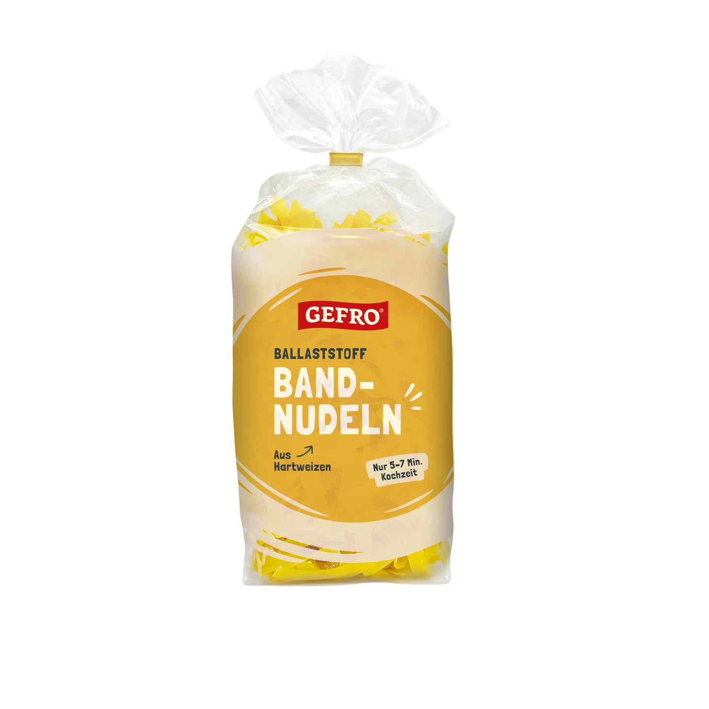 Verpackung mit GEFRO Ballaststoff-Bandnudeln aus Hartweizen in transparentem Beutel, Kochzeit 5–7 Minuten