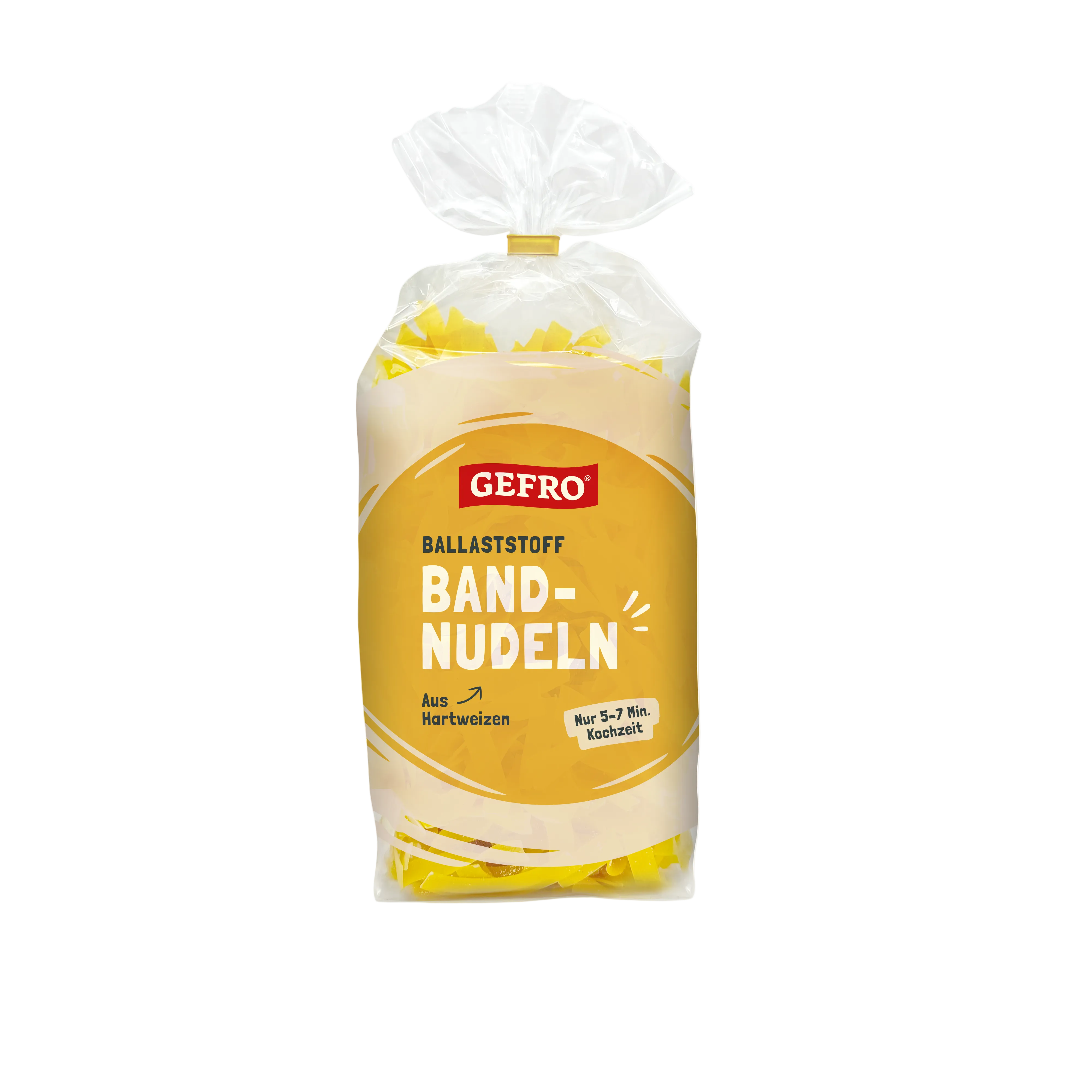 Verpackung mit GEFRO Ballaststoff-Bandnudeln aus Hartweizen in transparentem Beutel, Kochzeit 5–7 Minuten