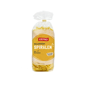 Verpackung GEFRO Ballaststoff-Spiralen aus Hartweizen, gelbe Nudeln im Beutel mit kurzer Kochzeit von 4 bis 5 Minuten