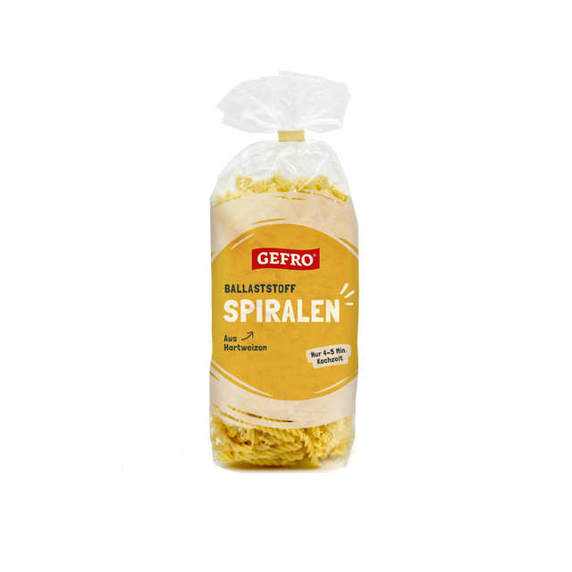 Verpackung GEFRO Ballaststoff-Spiralen aus Hartweizen, gelbe Nudeln im Beutel mit kurzer Kochzeit von 4 bis 5 Minuten