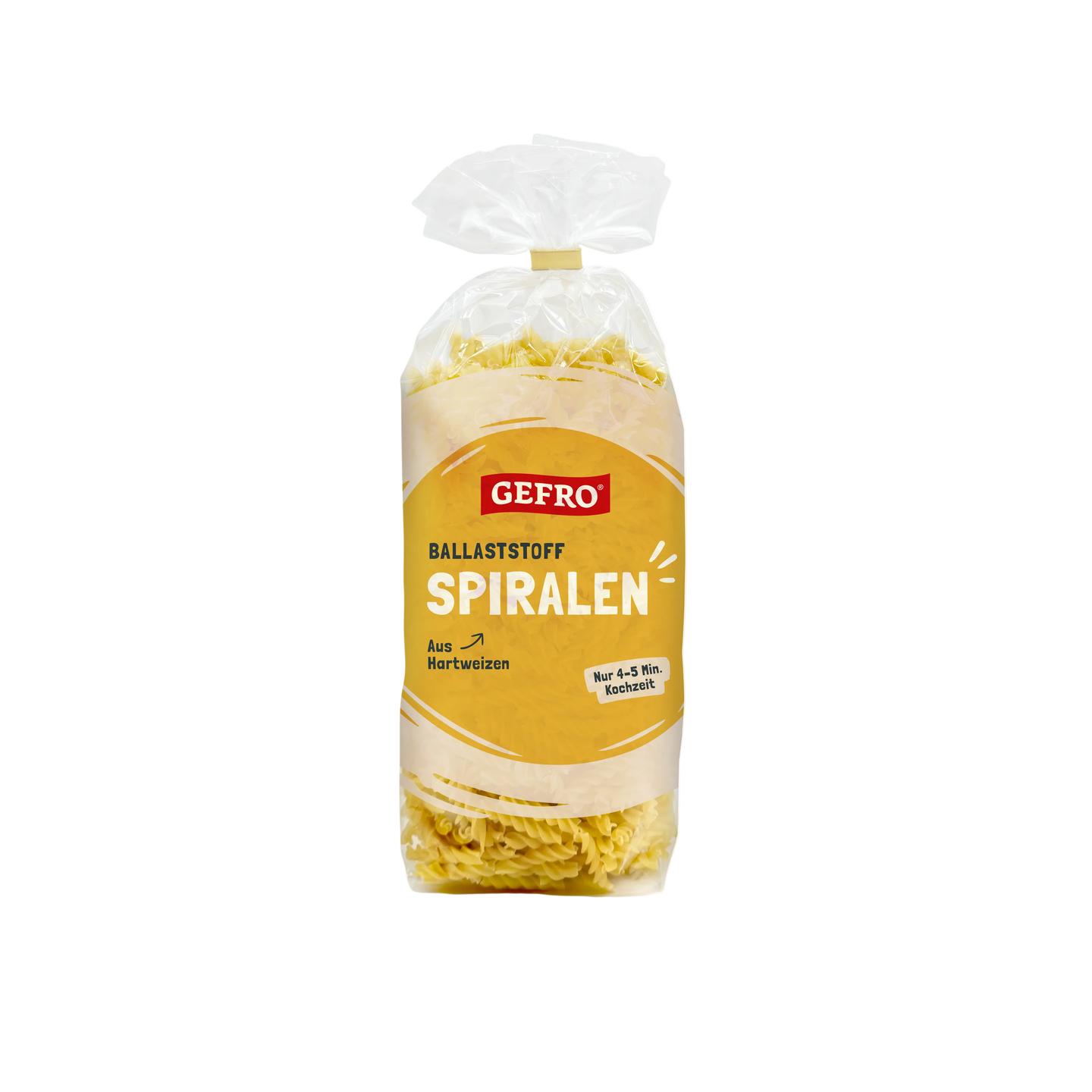 Verpackung GEFRO Ballaststoff-Spiralen aus Hartweizen, gelbe Nudeln im transparenten Beutel, Kochzeit 4–5 Min.