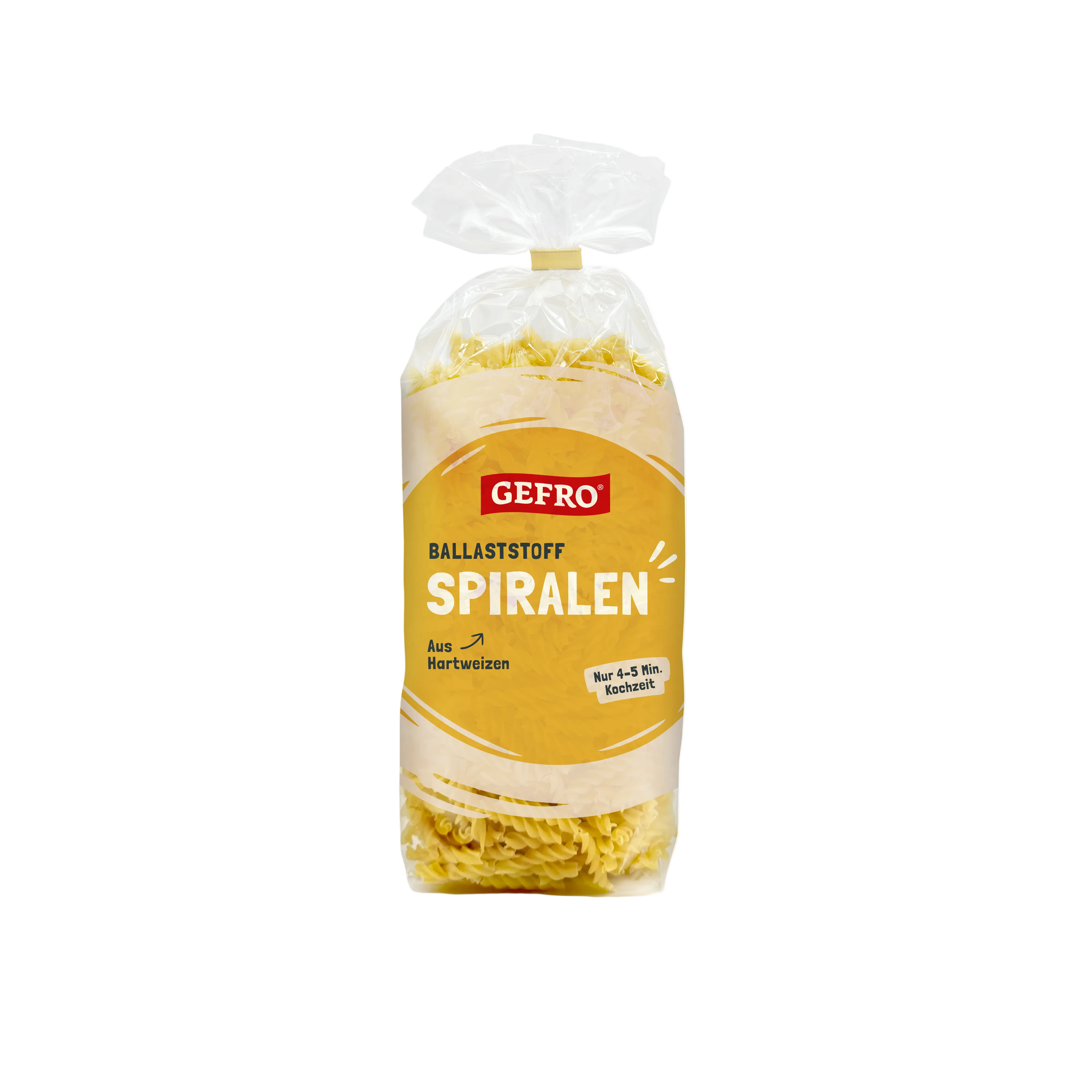 Verpackung GEFRO Ballaststoff-Spiralen aus Hartweizen, gelbe Nudeln im transparenten Beutel, Kochzeit 4–5 Min.