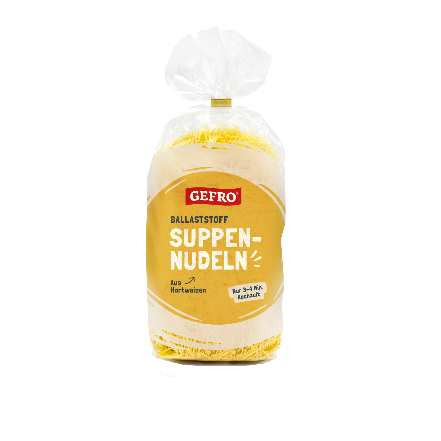 Verpackung mit GEFRO Ballaststoff-Suppennudeln aus Hartweizen, in transparenter Tüte mit gelbem Etikett.