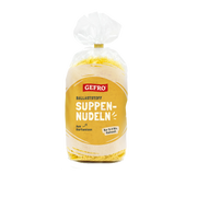 Verpackung mit GEFRO Ballaststoff-Suppennudeln aus Hartweizen, in transparenter Tüte mit gelbem Etikett.