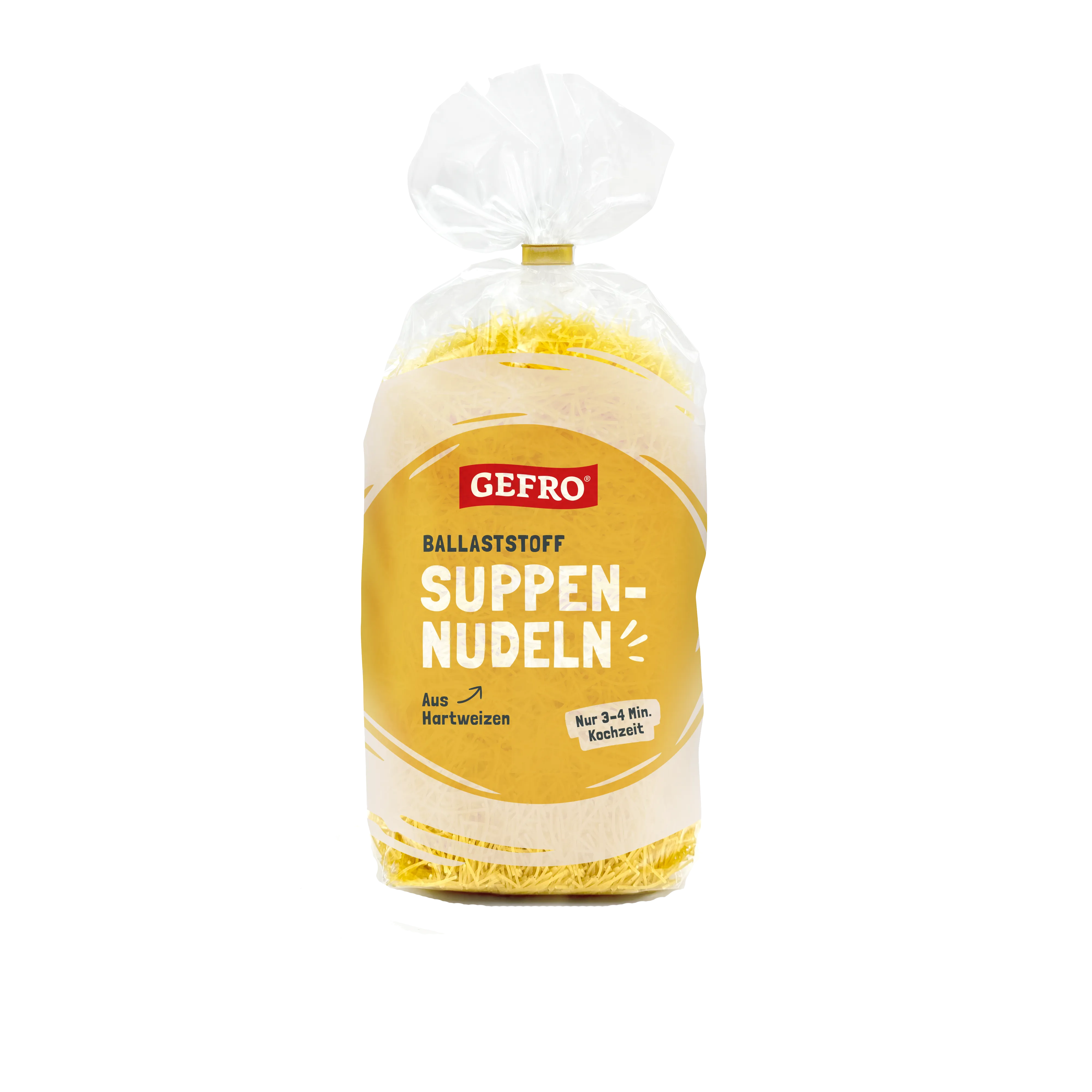 Verpackung mit GEFRO Ballaststoff-Suppennudeln aus Hartweizen, in transparenter Tüte mit gelbem Etikett.