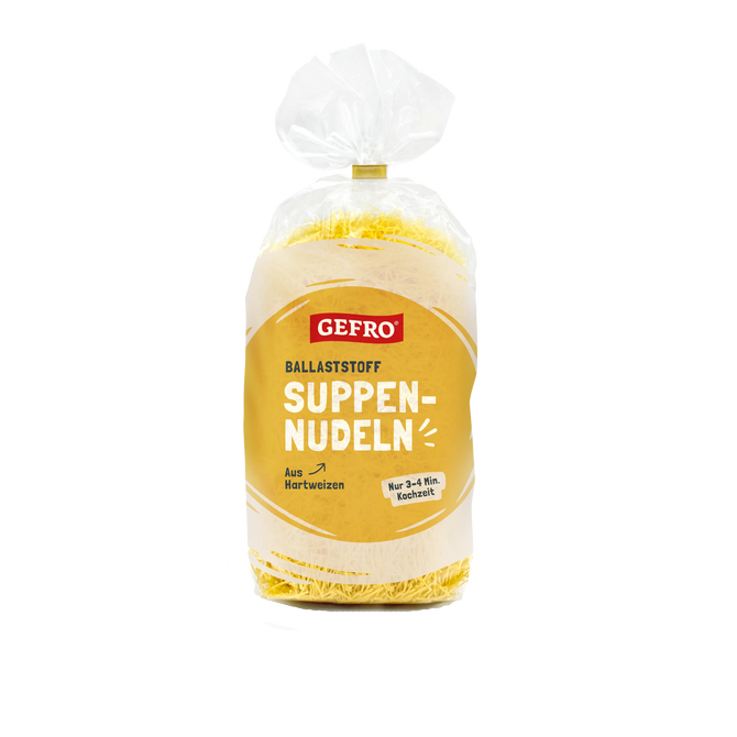 Verpackung mit GEFRO Ballaststoff-Suppennudeln aus Hartweizen, in transparenter Tüte mit gelbem Etikett.