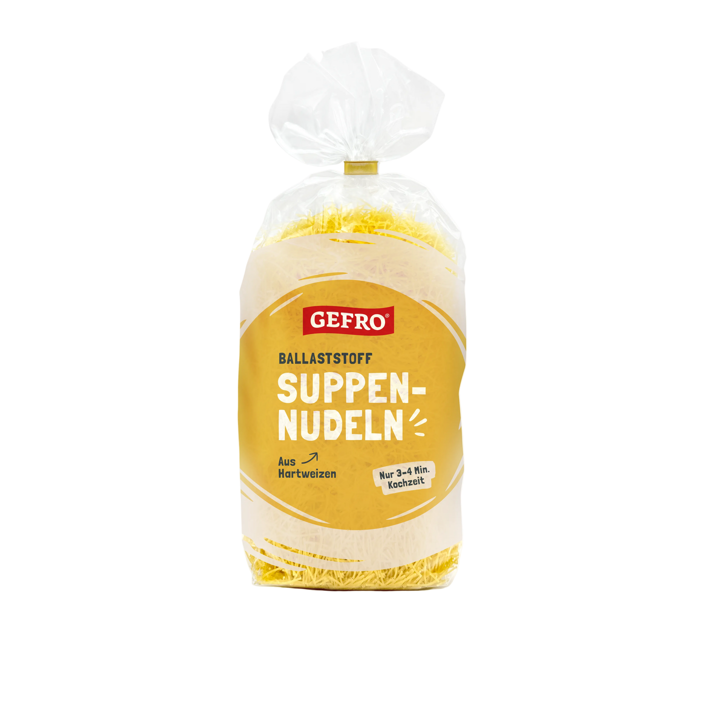 Gefro Ballaststoff Suppennudeln in transparenter Verpackung, feine Nudeln aus Hartweizen, Kochzeit 3–4 Minuten
