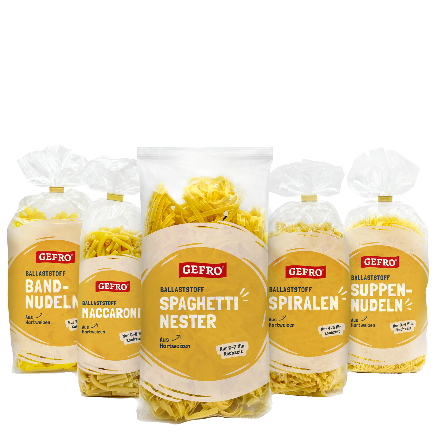 Fünf Packungen GEFRO Ballaststoff-Nudeln in verschiedenen Sorten, mittig Spaghetti-Nester, freigestellt gezeigt.