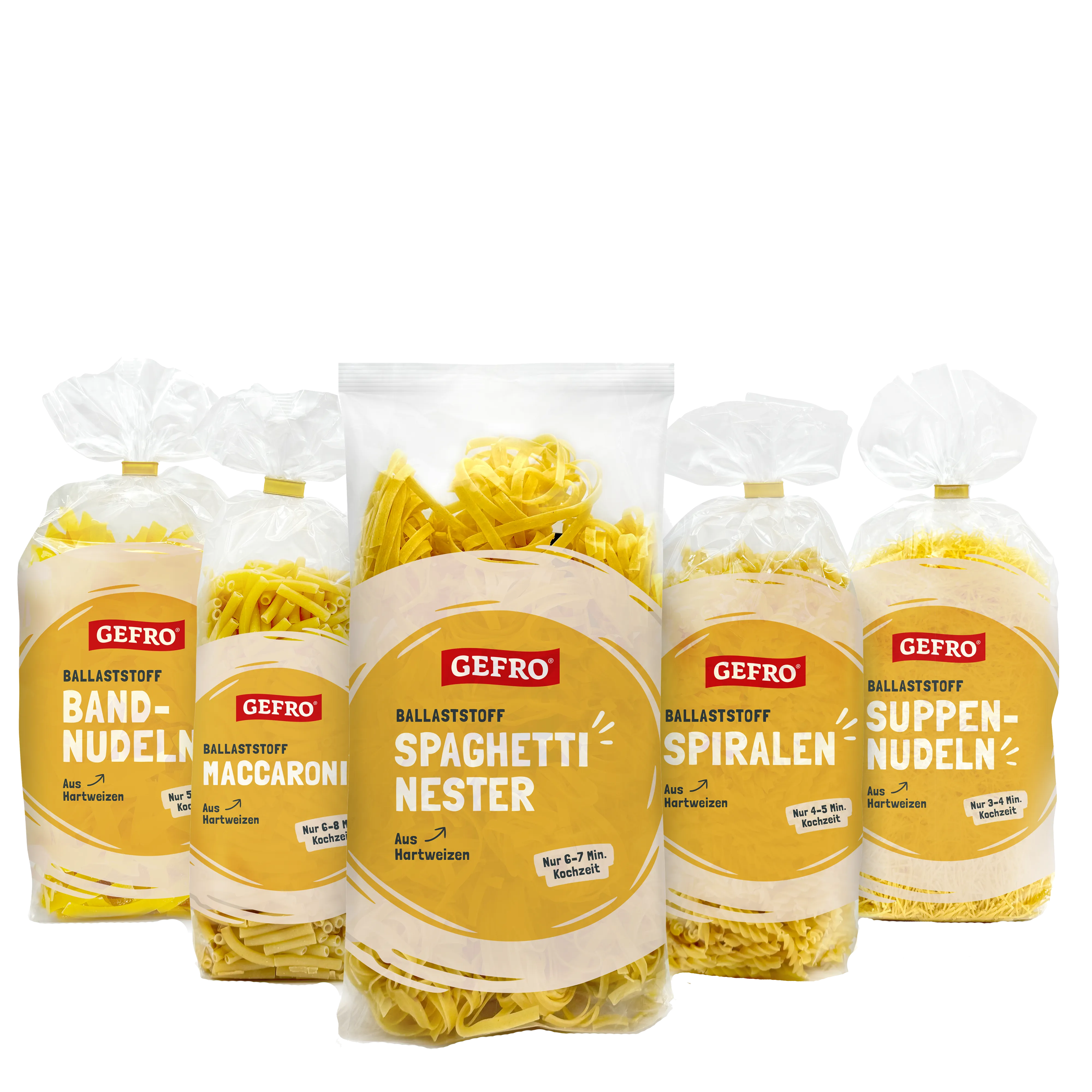 Fünf Packungen GEFRO Ballaststoff-Nudeln in verschiedenen Sorten, mittig Spaghetti-Nester, freigestellt gezeigt.