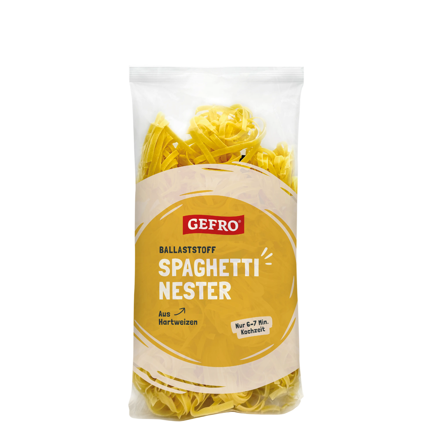 Verpackung GEFRO Ballaststoff Spaghetti Nester aus Hartweizen, gelbe Nudelnester in transparenter Tüte