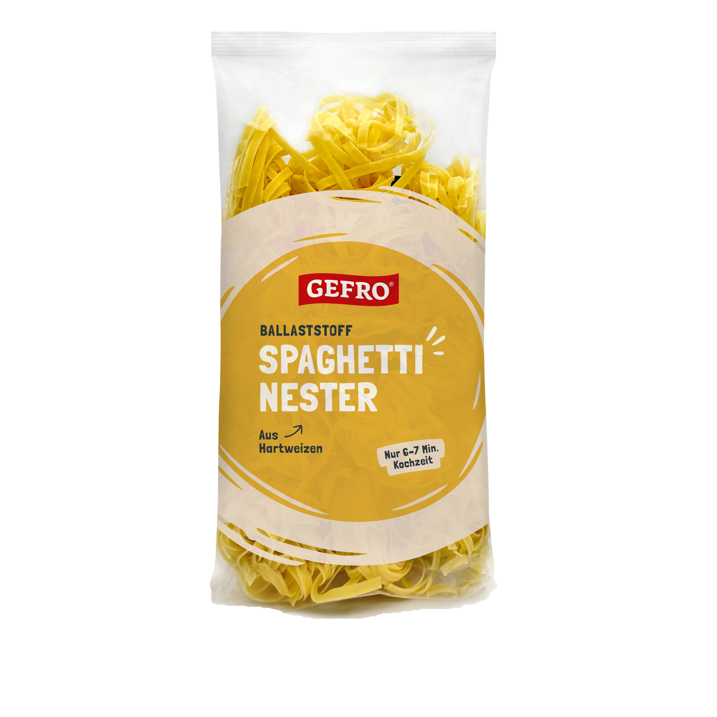 Verpackung GEFRO Ballaststoff Spaghetti Nester aus Hartweizen, gelbe Nudeln im transparenten Beutel
