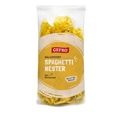 Verpackung GEFRO Ballaststoff Spaghetti Nester aus Hartweizen, gelbe Nudeln im transparenten Beutel