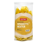 Verpackung GEFRO Ballaststoff Spaghetti Nester aus Hartweizen, gelbe Nudeln im transparenten Beutel