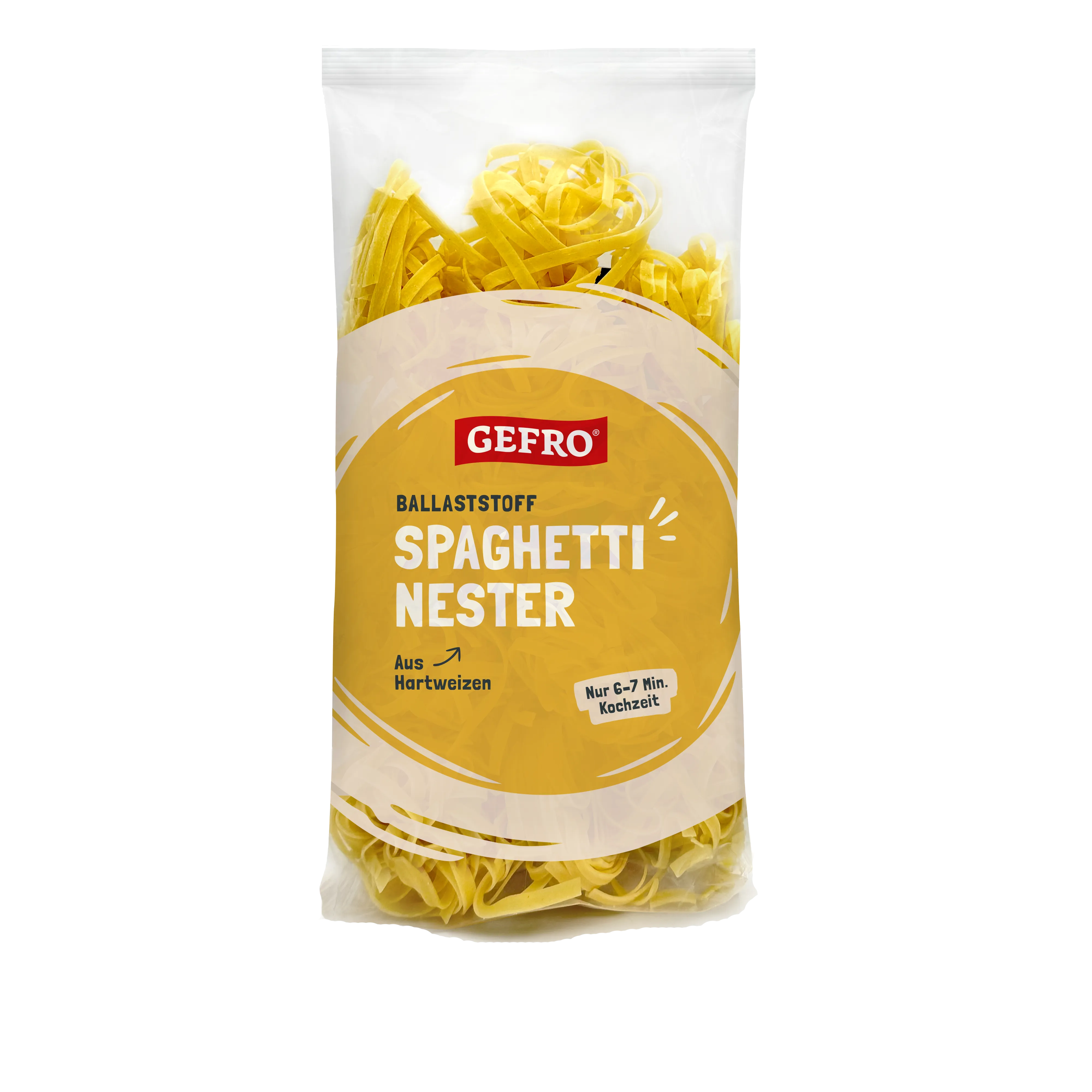 Verpackung GEFRO Ballaststoff Spaghetti Nester aus Hartweizen, gelbe Nudeln im transparenten Beutel