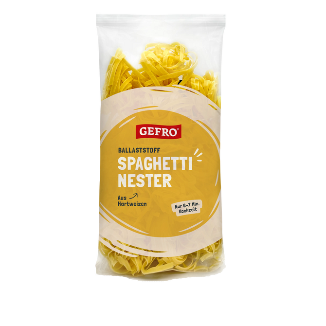 Verpackung GEFRO Ballaststoff Spaghetti Nester aus Hartweizen, gelbe Nudeln im transparenten Beutel