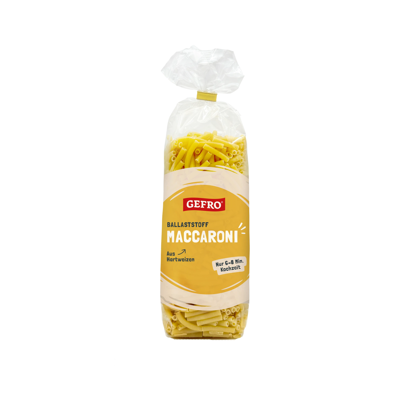Verpackung mit GEFRO Ballaststoff-Maccaroni aus Hartweizen in transparentem Beutel mit gelbem Etikett