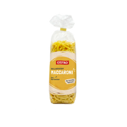 Verpackung mit GEFRO Ballaststoff-Maccaroni aus Hartweizen in transparentem Beutel mit gelbem Etikett