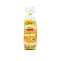 Verpackung mit GEFRO Ballaststoff-Maccaroni aus Hartweizen in transparentem Beutel mit gelbem Etikett