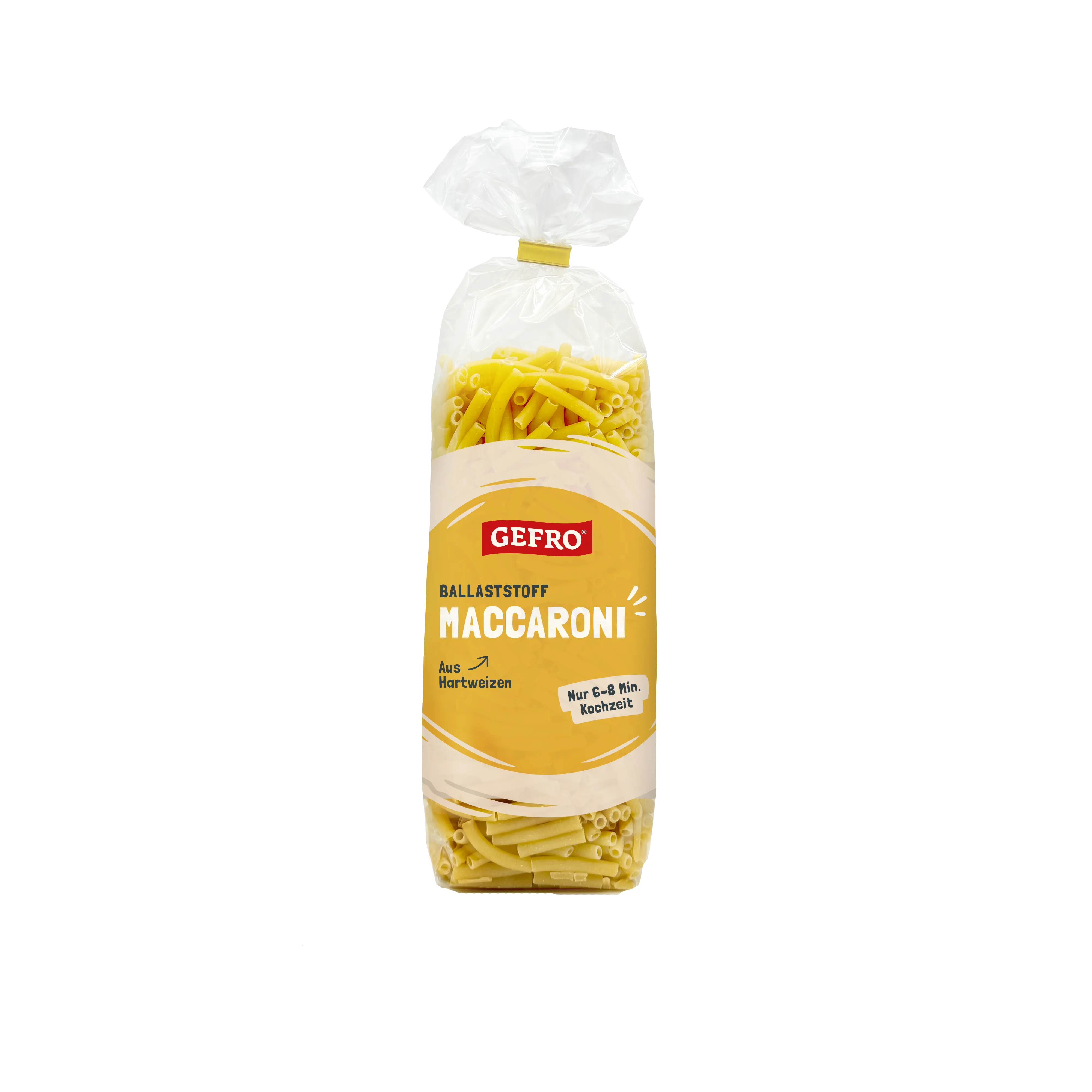 Verpackung mit GEFRO Ballaststoff-Maccaroni aus Hartweizen in transparentem Beutel mit gelbem Etikett