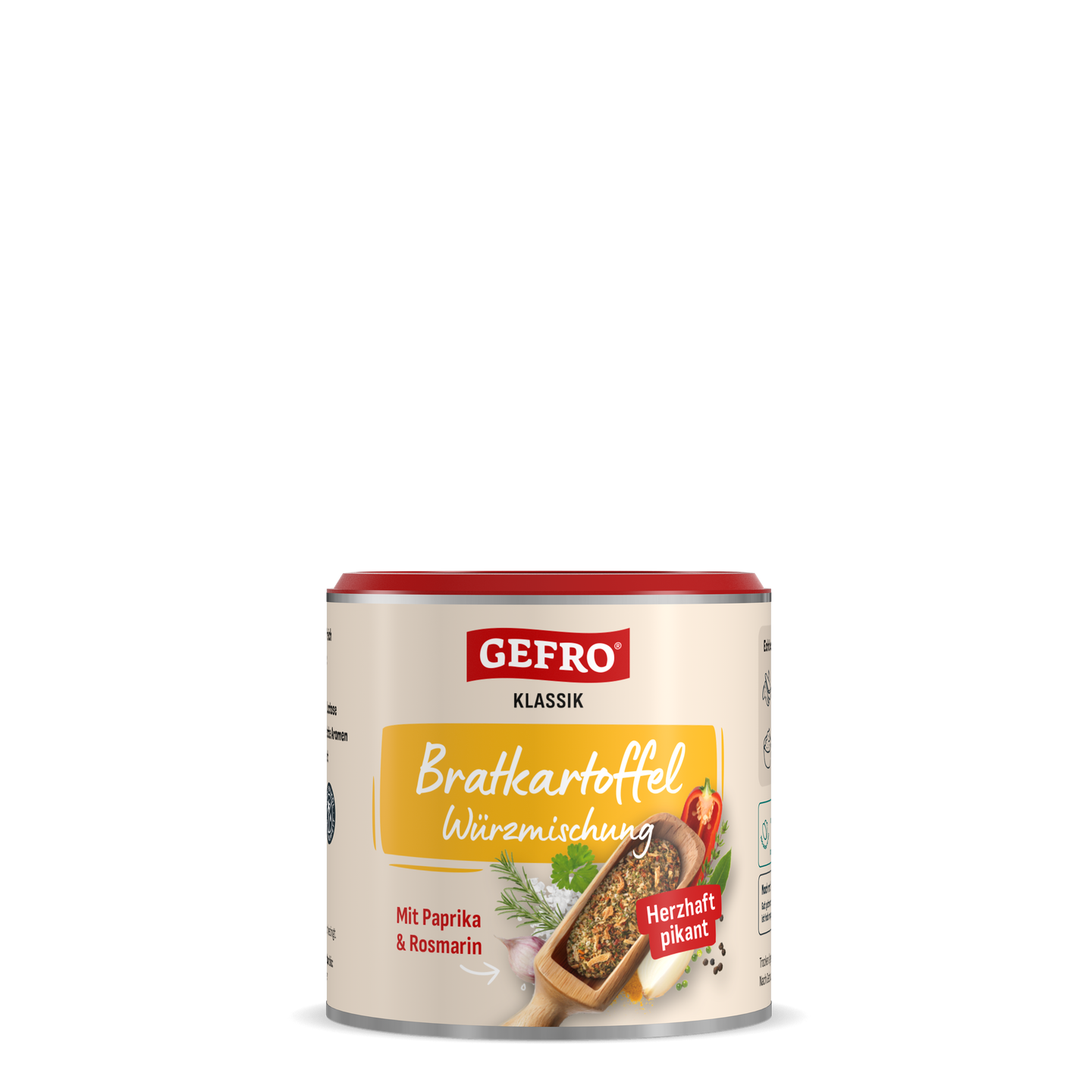 Dose GEFRO Klassik Bratkartoffel Würzmischung mit Paprika und Rosmarin, Vorderansicht der Verpackung vor schwarzem Hintergrund