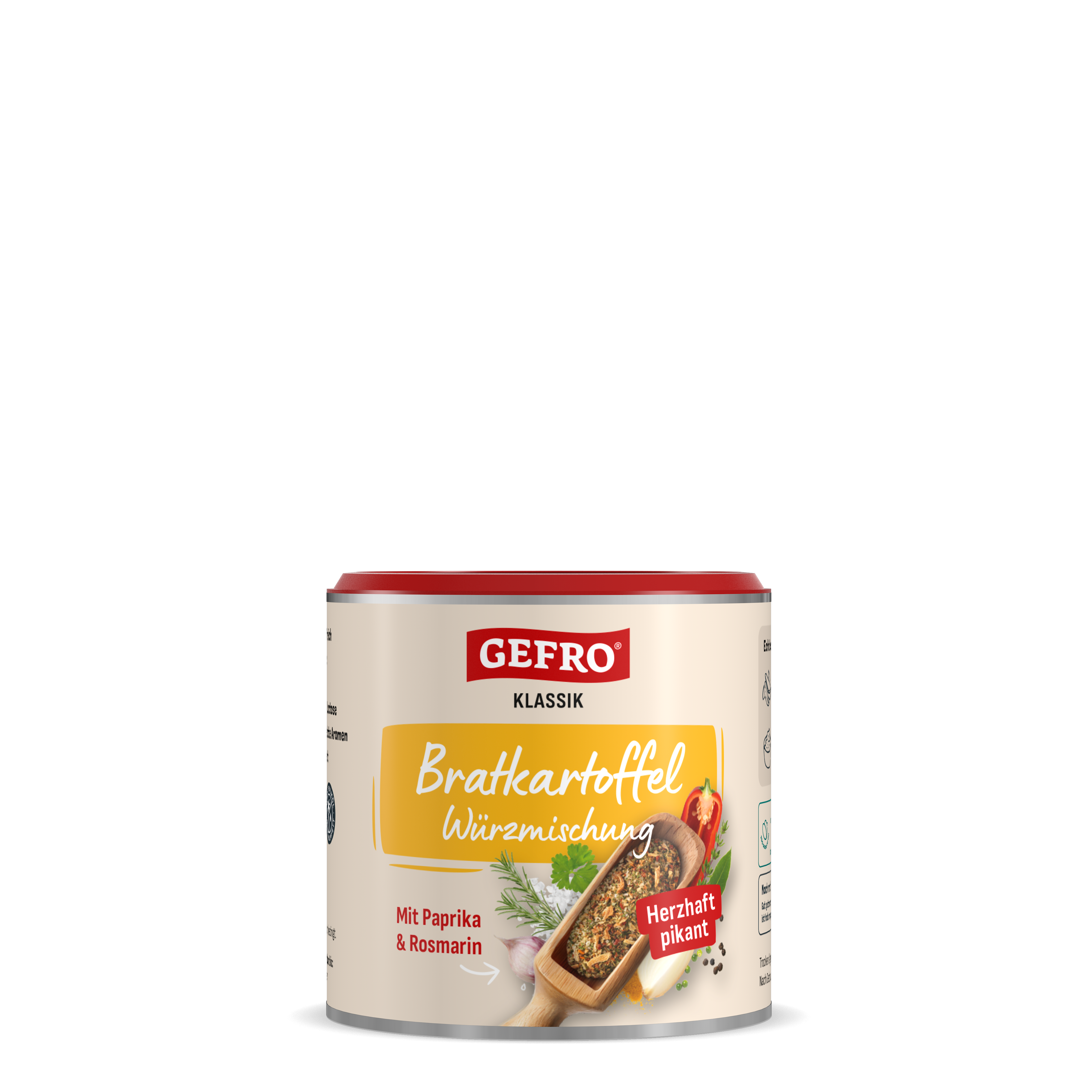 Dose GEFRO Klassik Bratkartoffel Würzmischung mit Paprika und Rosmarin, Vorderansicht der Verpackung vor schwarzem Hintergrund