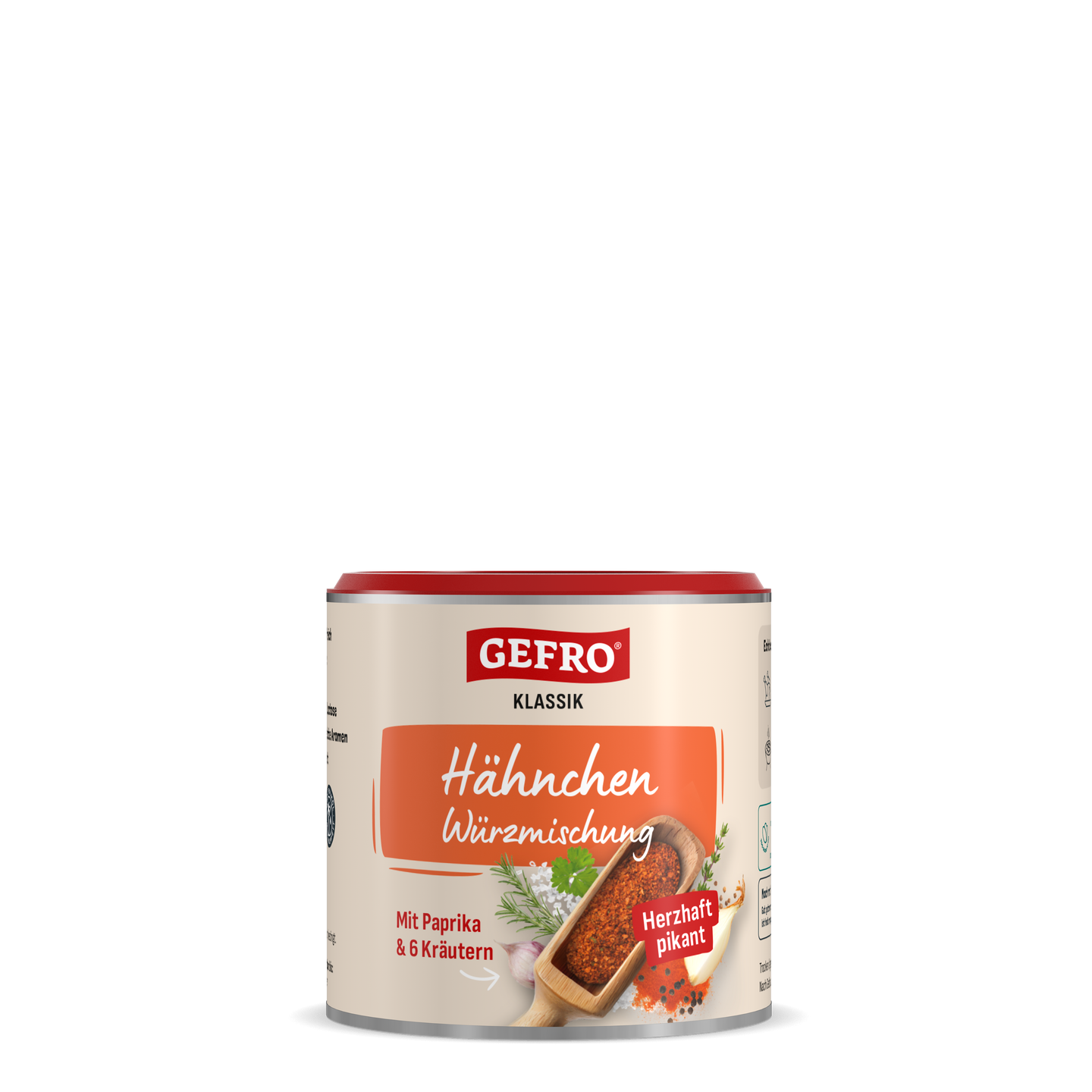 Dose GEFRO Klassik Hähnchen Würzmischung mit Paprika und 6 Kräutern, herzhaft pikant, freigestellt auf Weiß
