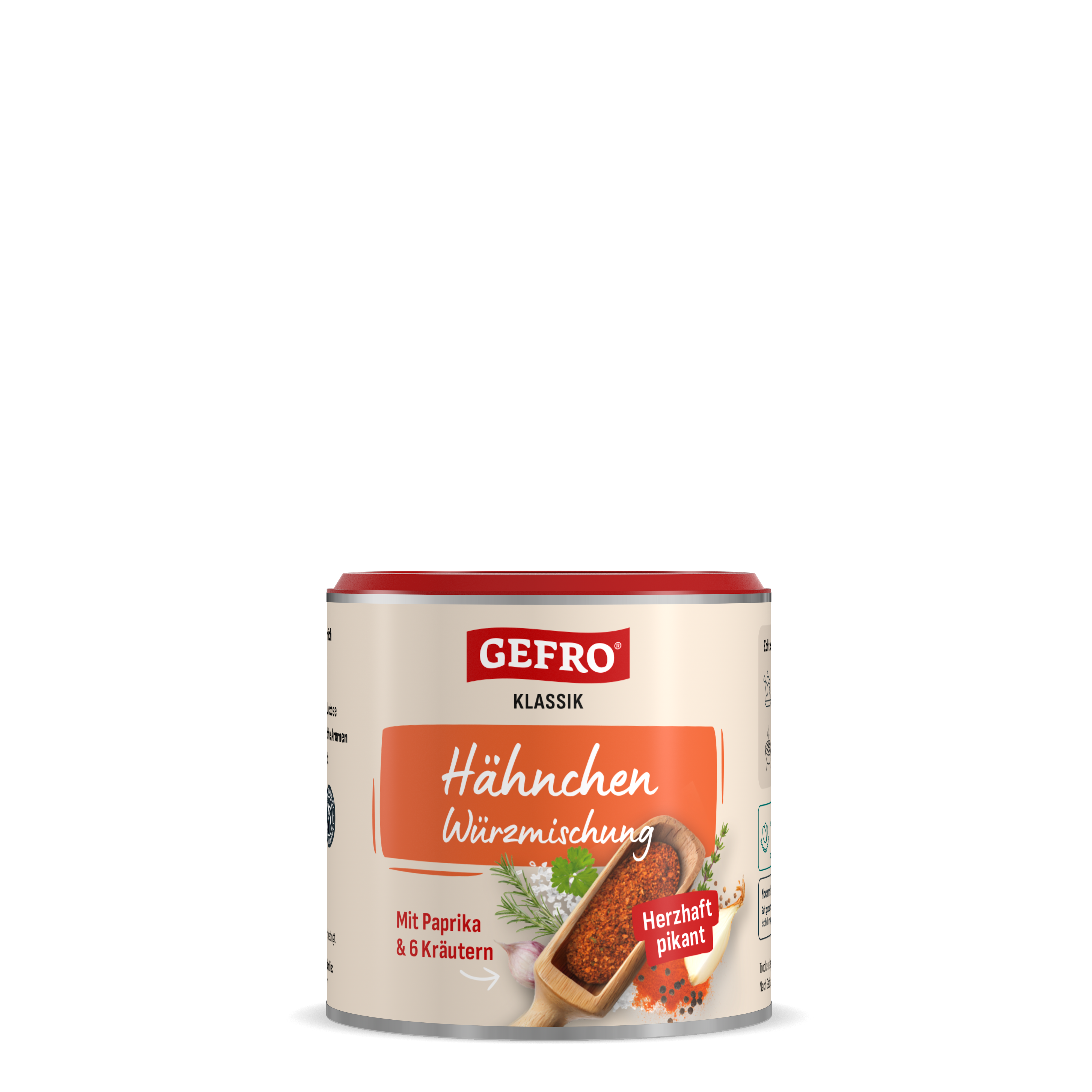 Dose GEFRO Klassik Hähnchen Würzmischung mit Paprika und 6 Kräutern, herzhaft pikant, freigestellt auf Weiß