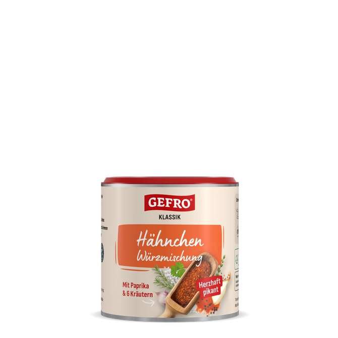 Dose GEfro Klassik Hähnchen Würzmischung mit Paprika und 6 Kräutern, herzhaft pikant, freigestellt auf Weiß