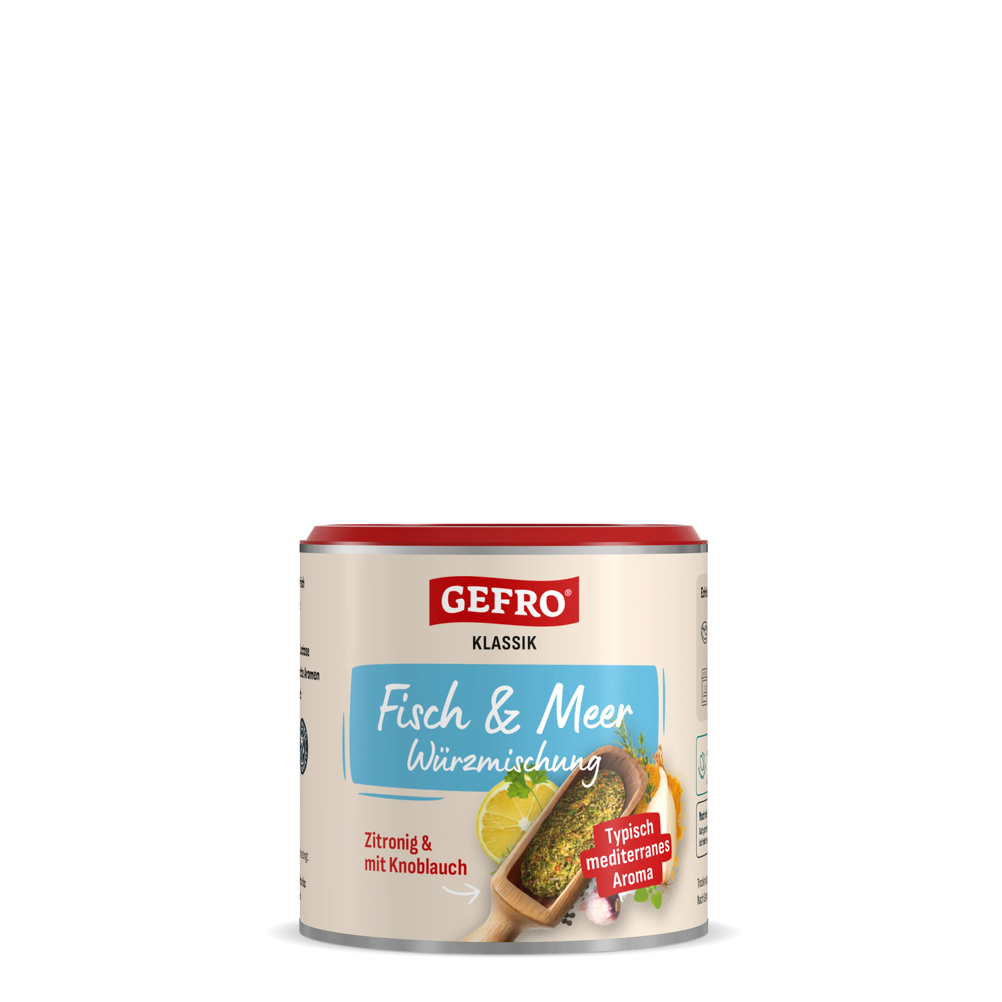 Dose GEFRO Klassik Fisch & Meer Würzmischung mit Zitronig- und Knoblauch-Hinweis auf weißem Etikett