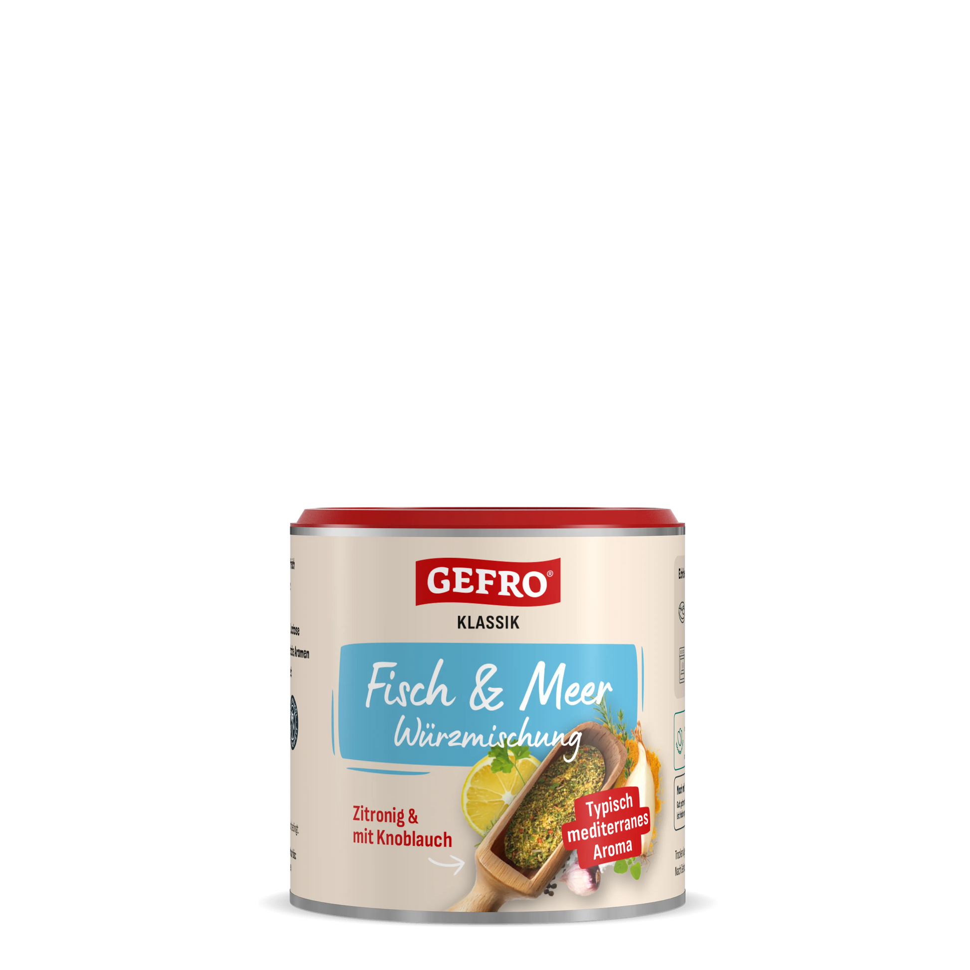 Dose GEFRO Klassik Fisch & Meer Würzmischung mit Zitronig- und Knoblauch-Hinweis auf weißem Etikett