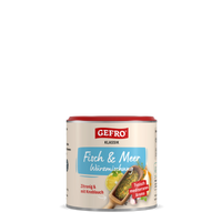 Dose GEFRO Klassik Fisch & Meer Würzmischung mit Zitronig- und Knoblauch-Hinweis auf weißem Etikett