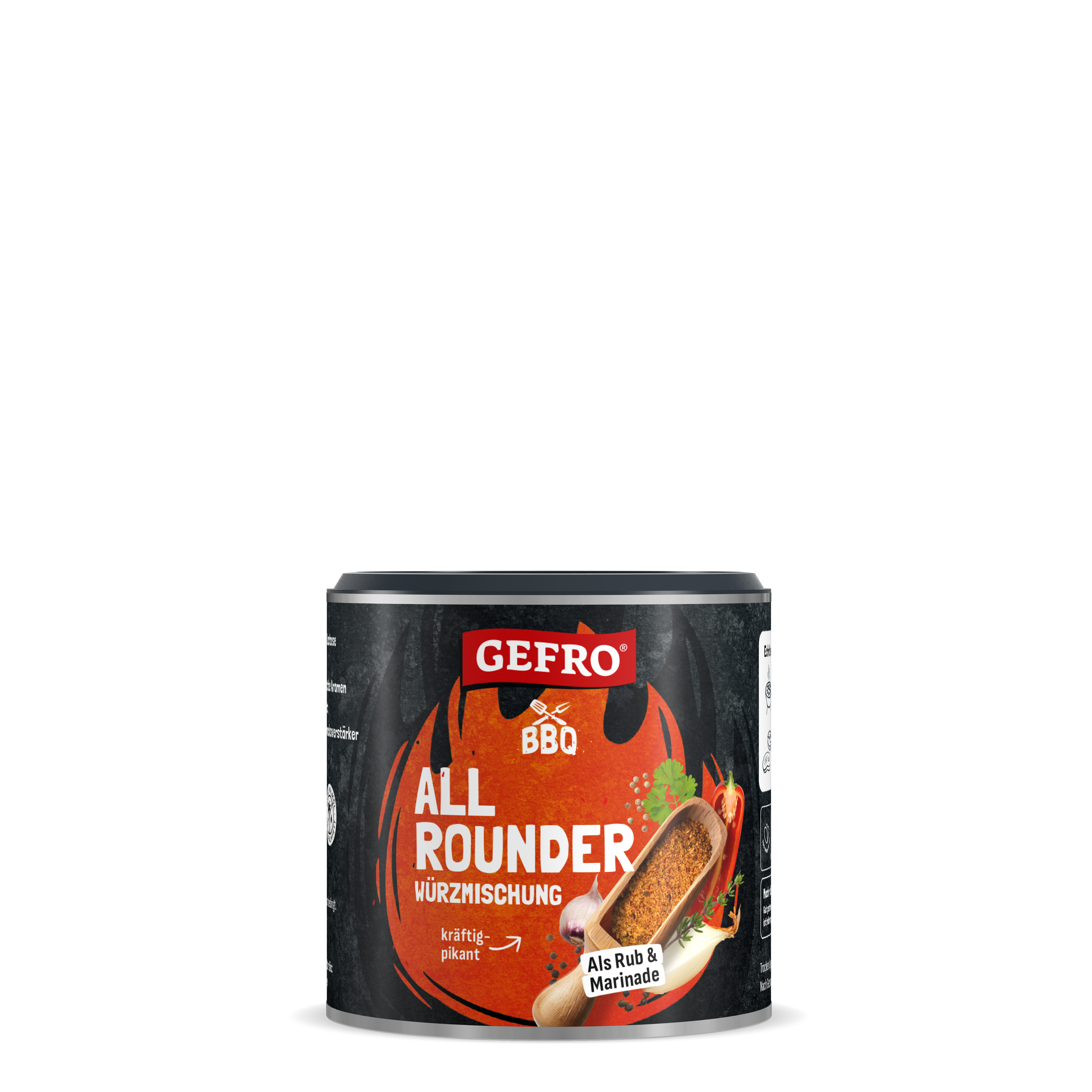 Dose GEFRO BBQ All Rounder Würzmischung, kräftig pikant, für Rub und Marinade, freigestellt auf schwarzem Hintergrund