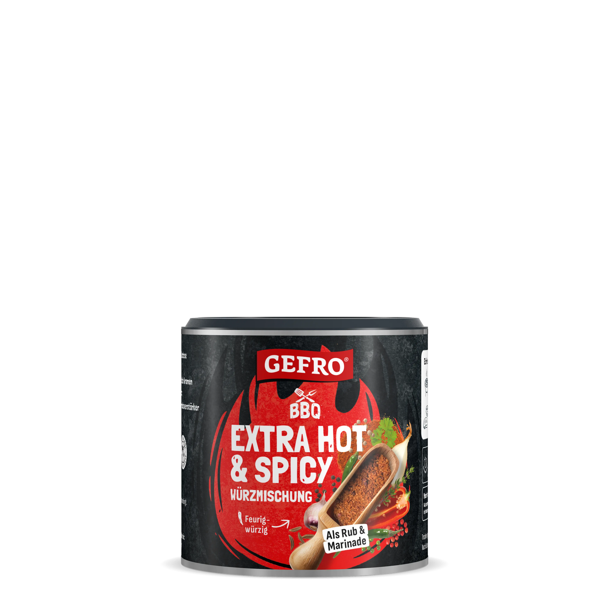 Dose mit GEFRO BBQ Extra Hot & Spicy Würzmischung, feurig-würzig für Grillen, Rub und Marinade.