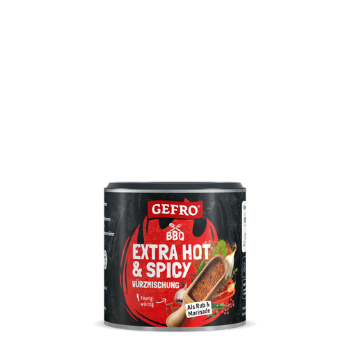 Dose mit GEFRO BBQ Extra Hot & Spicy Würzmischung, feurig-würzig für Grillen, Rub und Marinade.