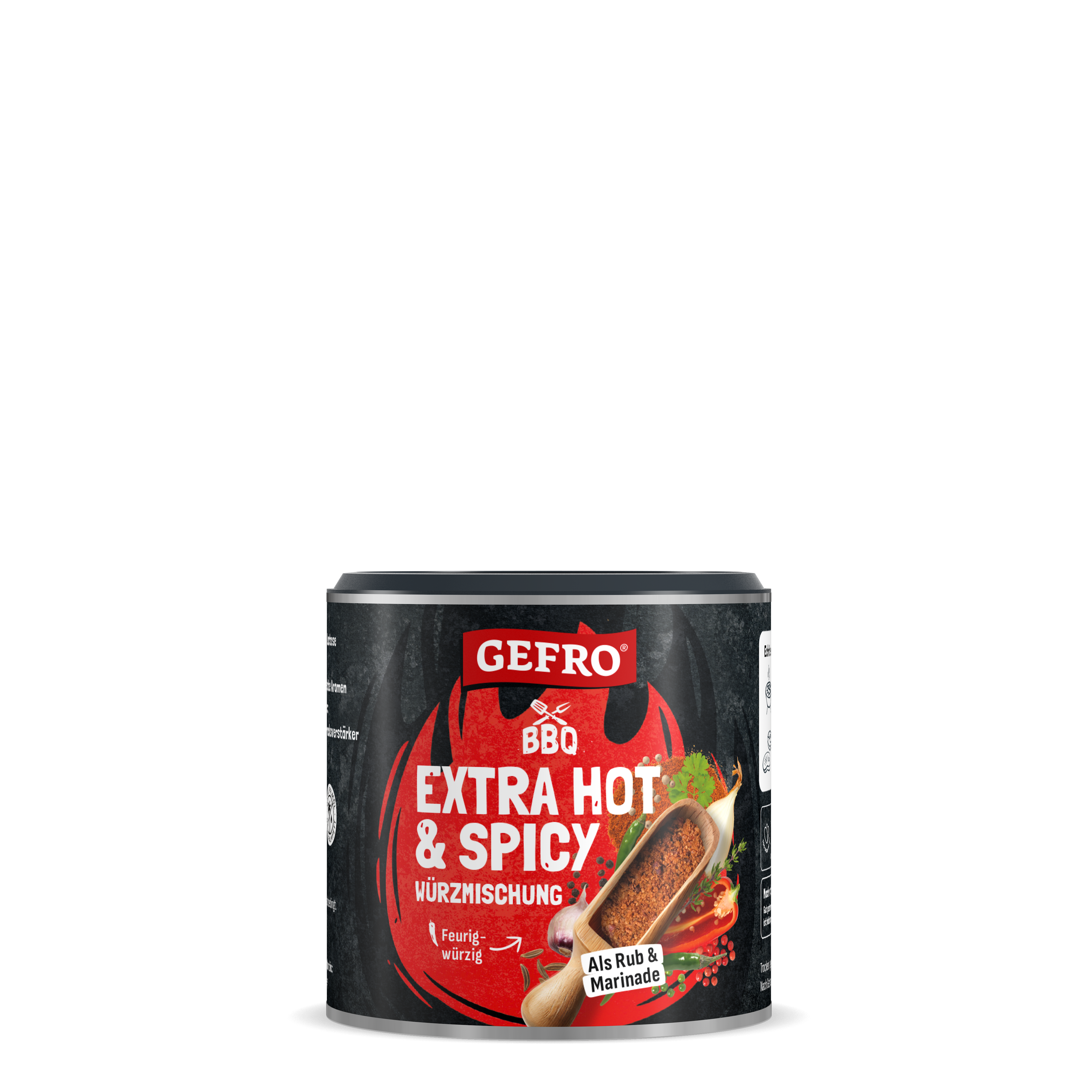 Dose GEFRO BBQ Extra Hot & Spicy Würzmischung, feurig-würziges Gewürz für Rub und Marinade vor schwarzem Hintergrund