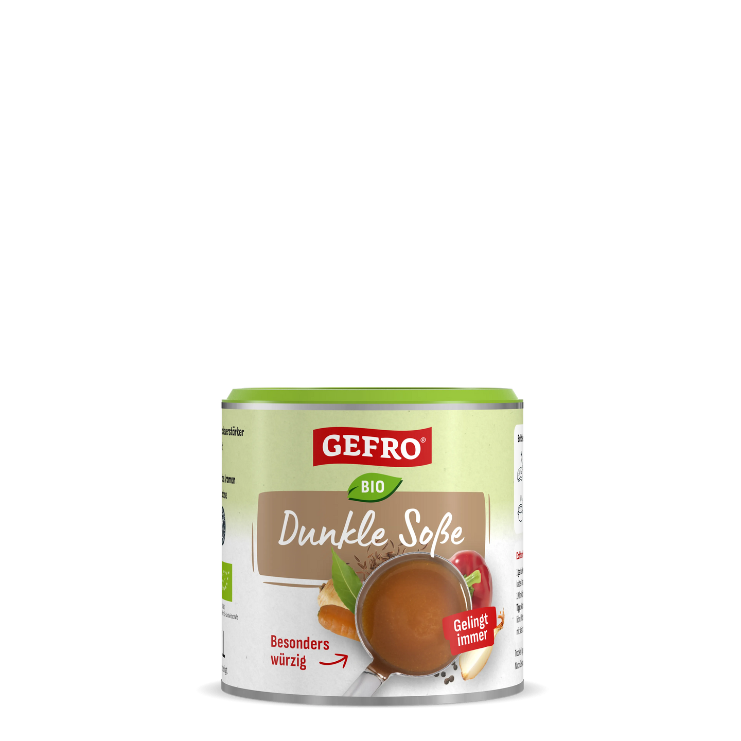 Dose GEFRO Bio Dunkle Soße, würzige Sauce zum Anrühren, Produktverpackung mit Schale und Gemüseabbildung