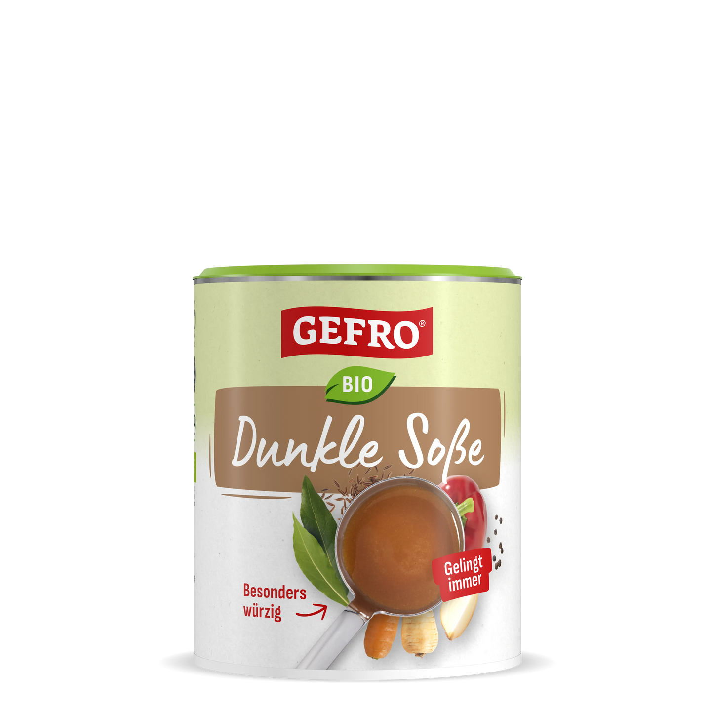 Dose GEFRO Bio Dunkle Soße mit Abbildung einer braunen Soße im Topf, würziges Produkt für dunkle Gerichte