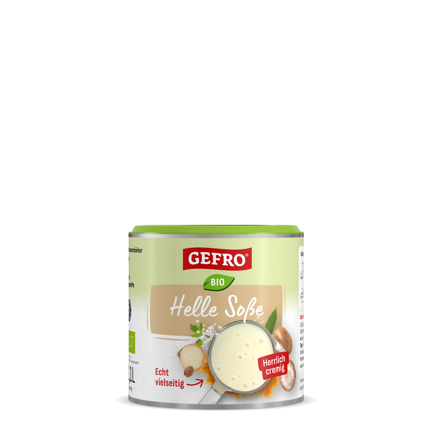 Dose GEFRO Bio Helle Soße, cremige helle Sauce zum Kochen und Verfeinern, freigestellt auf weißem Hintergrund