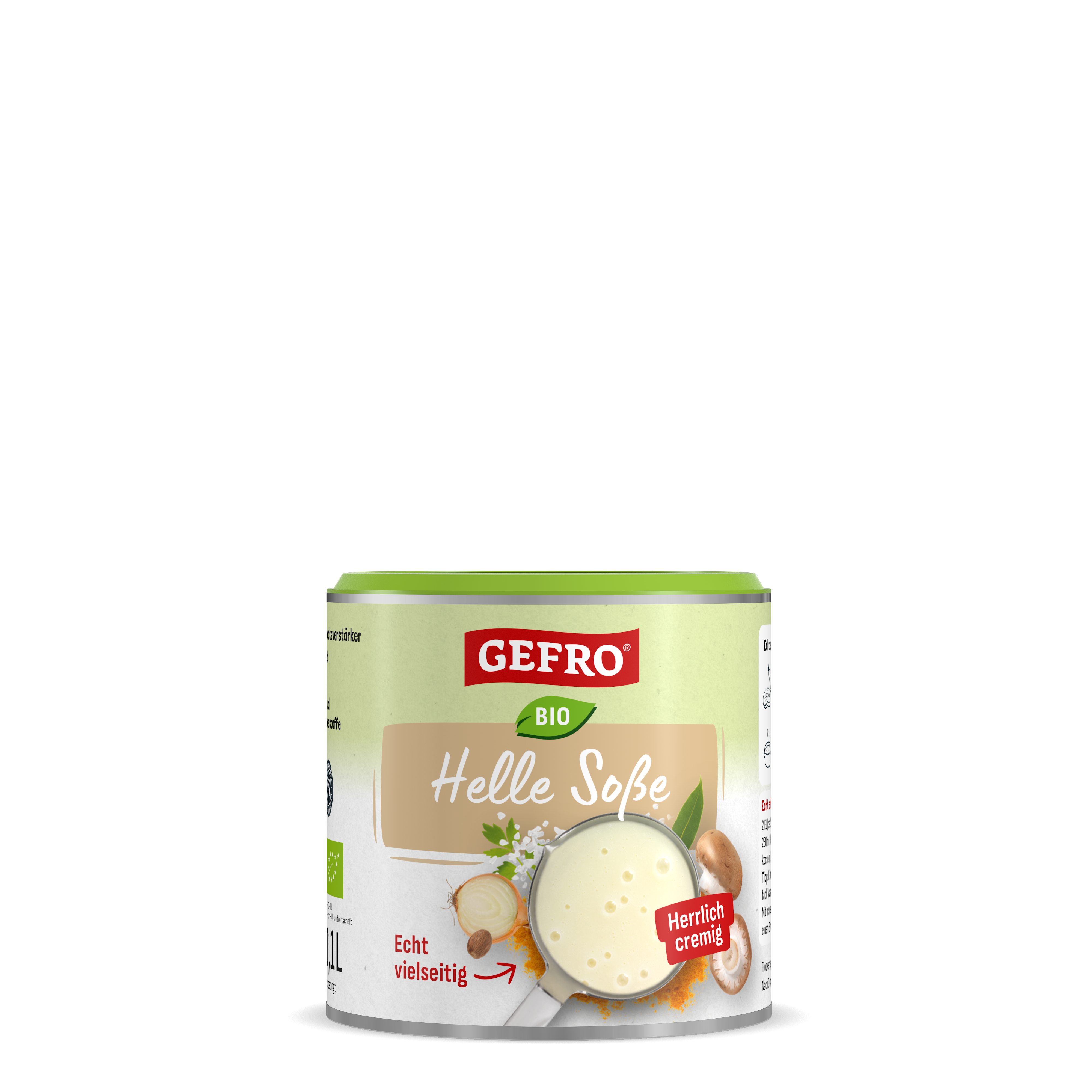 Dose GEFRO Bio Helle Soße, cremige helle Sauce zum Kochen und Verfeinern, freigestellt auf weißem Hintergrund