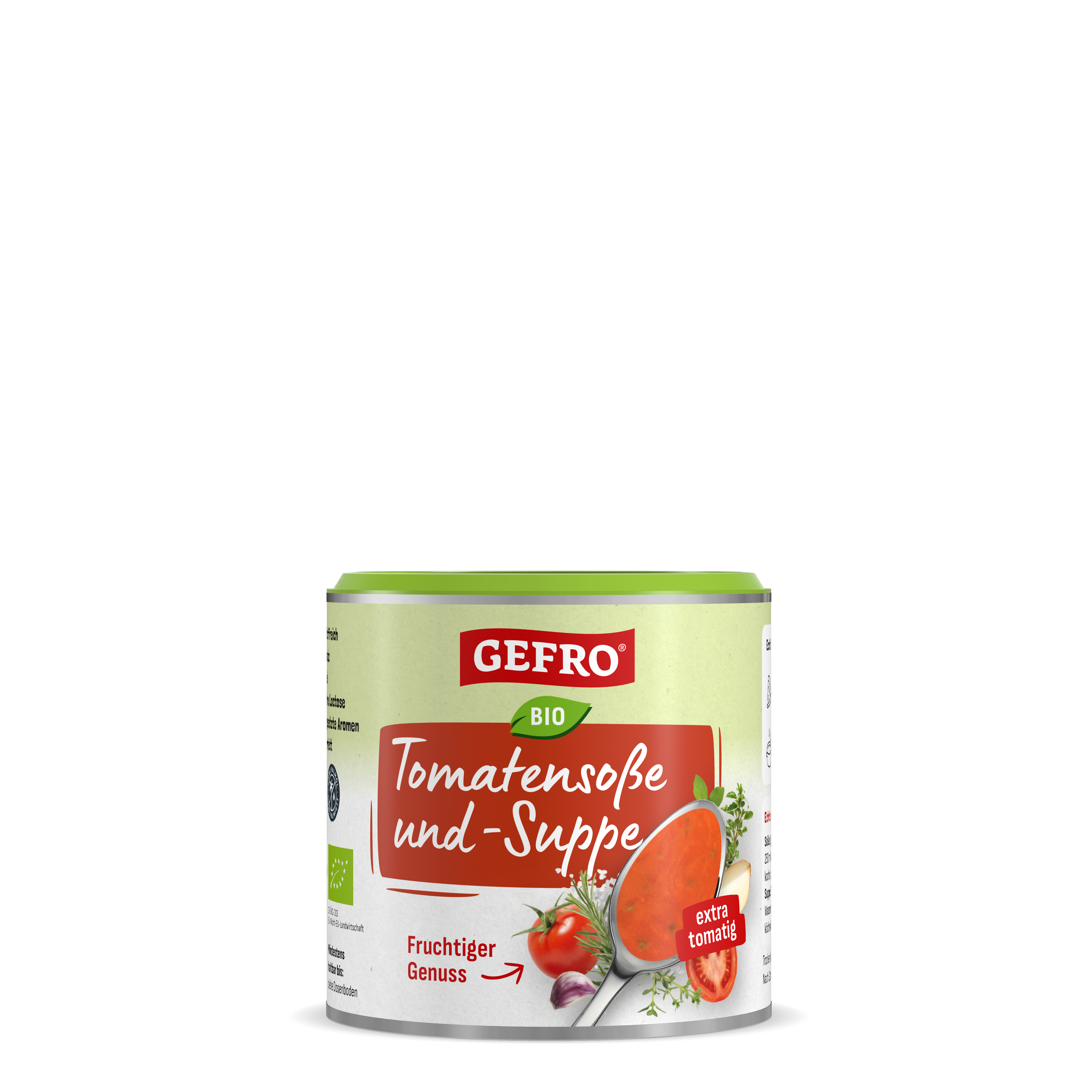 Dose GEFRO Bio Tomatensoße und -Suppe, Vorderansicht mit rotem Etikett und Abbildung einer Tomatensuppe im Löffel