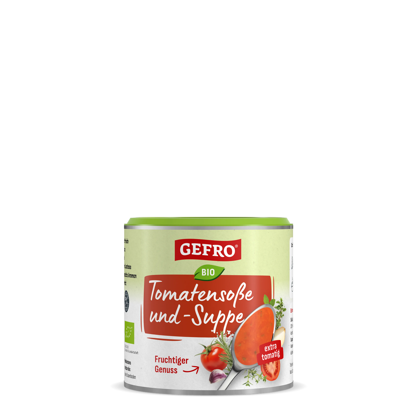 Dose GEFRO Bio Tomatensoße und -Suppe mit grünem Deckel, Produktabbildung für fruchtige Tomatensuppe und Soße