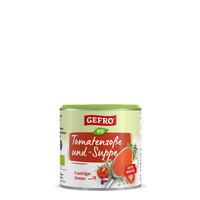 Dose GEFRO Bio Tomatensoße und -Suppe mit grünem Deckel, Produktabbildung für fruchtige Tomatensuppe und Soße