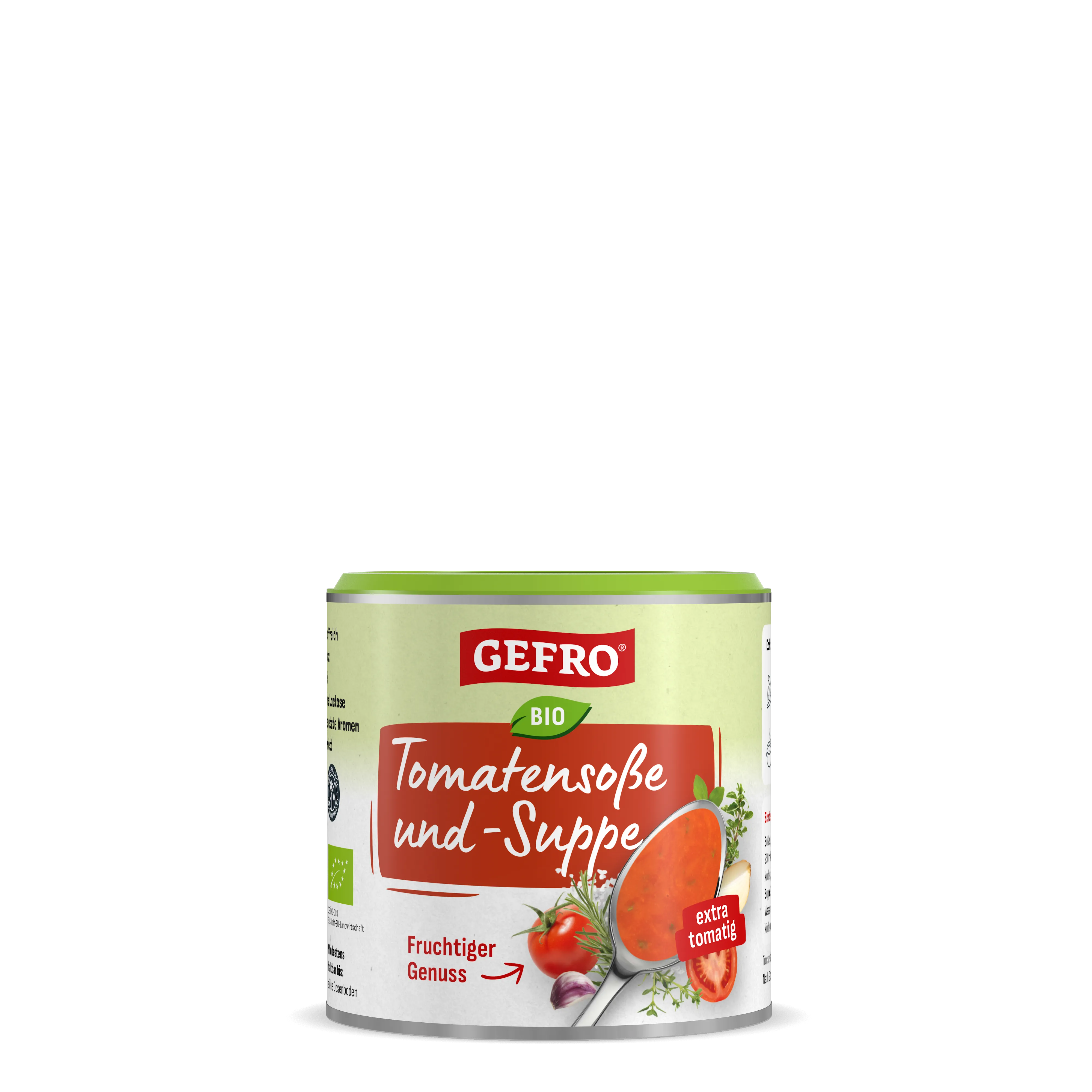 Dose GEFRO Bio Tomatensoße und -Suppe mit grünem Deckel, Produktabbildung für fruchtige Tomatensuppe und Soße