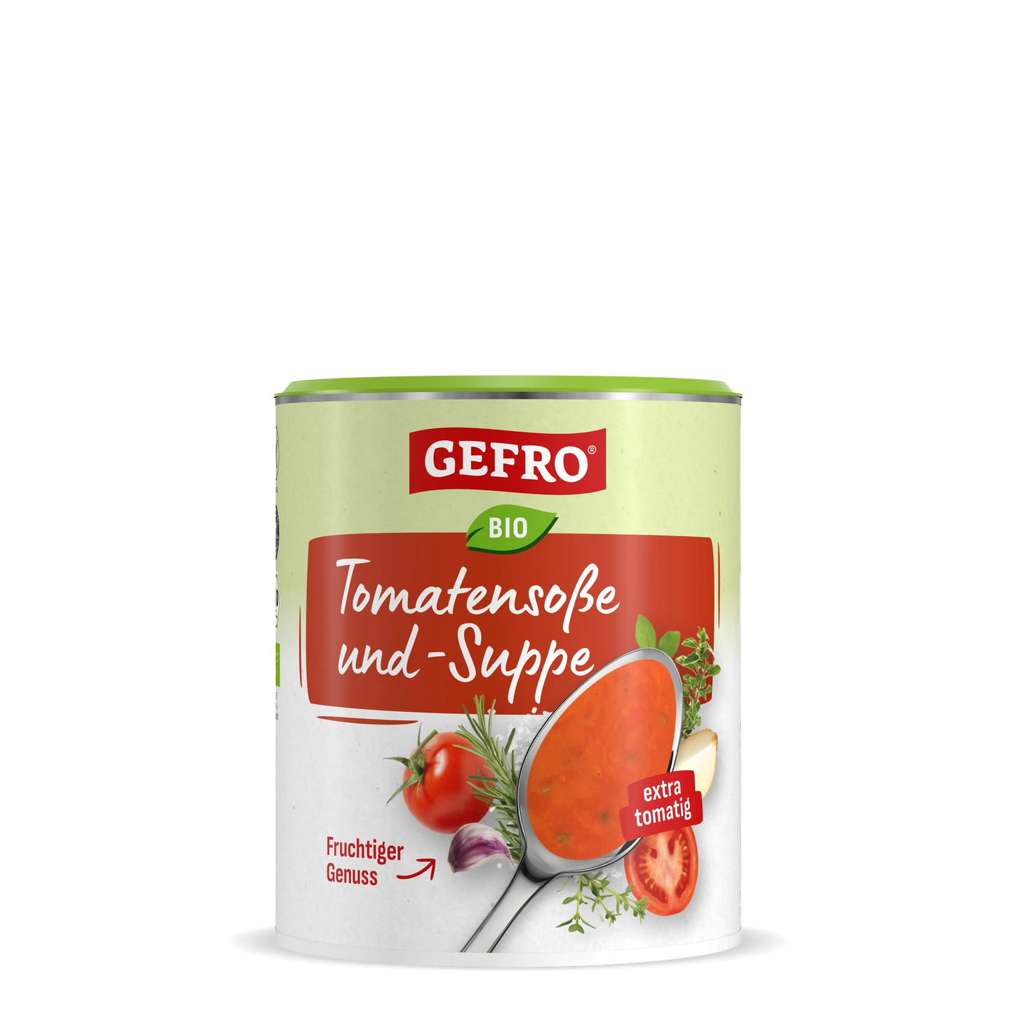 Dose GEFRO Bio Tomatensoße und -Suppe, Vorderansicht mit roter Suppe auf Löffel und Tomatenmotiven auf dem Etikett
