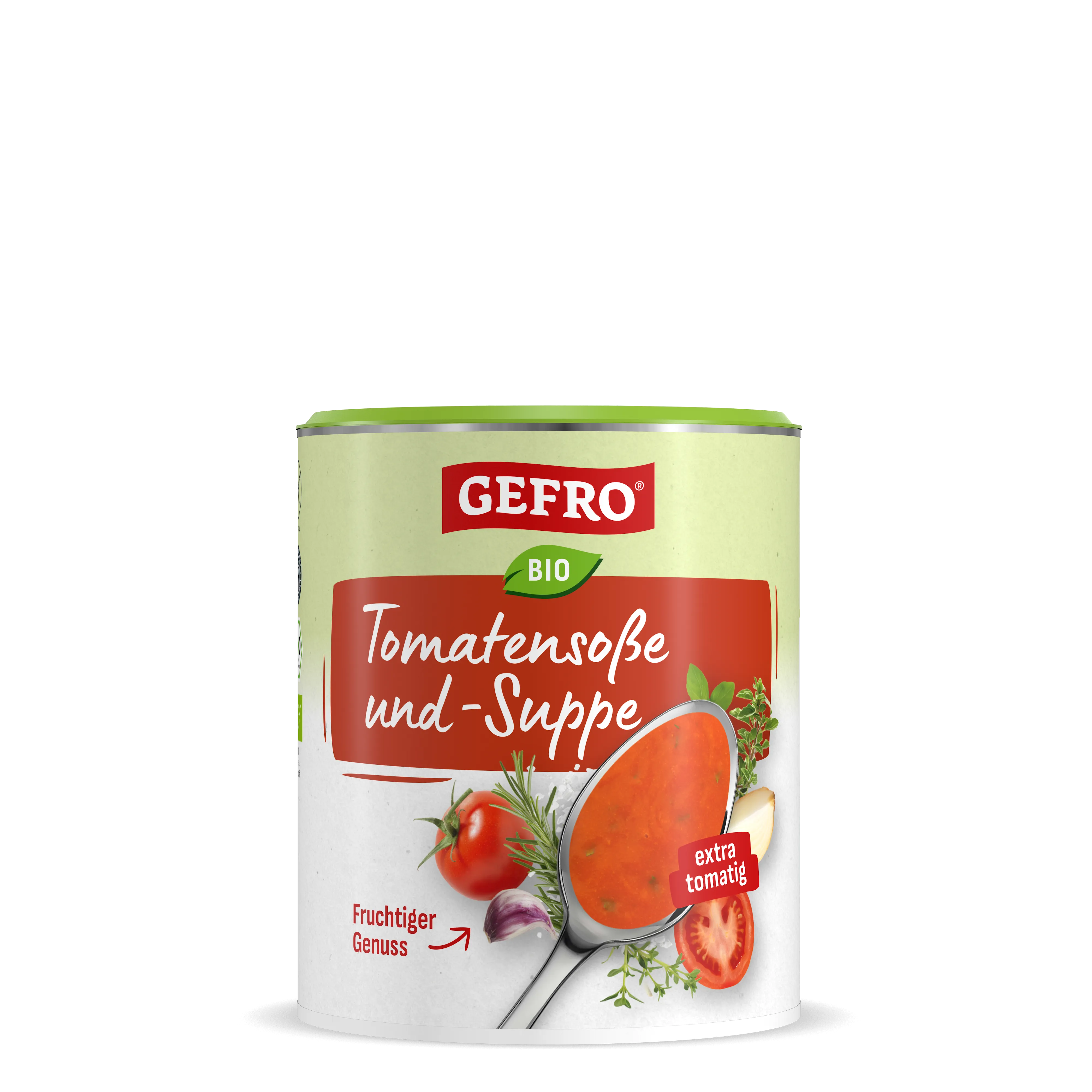 Dose GEFRO Bio Tomatensoße und -Suppe, Vorderansicht mit roter Suppe auf Löffel und Tomatenmotiven auf dem Etikett