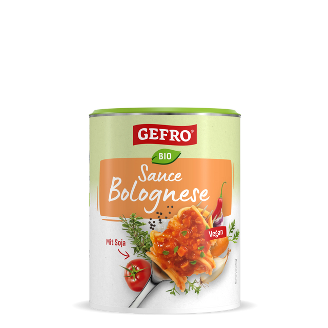 Dose GEFRO Bio Sauce Bolognese, vegane Soße mit Soja, abgebildet mit Nudeln, Tomate, Kräutern und Chili