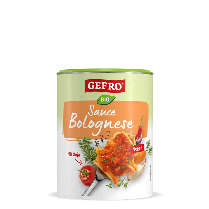 Dose GEFRO Bio Sauce Bolognese, vegane Soße mit Soja, abgebildet mit Nudeln, Tomate, Kräutern und Chili