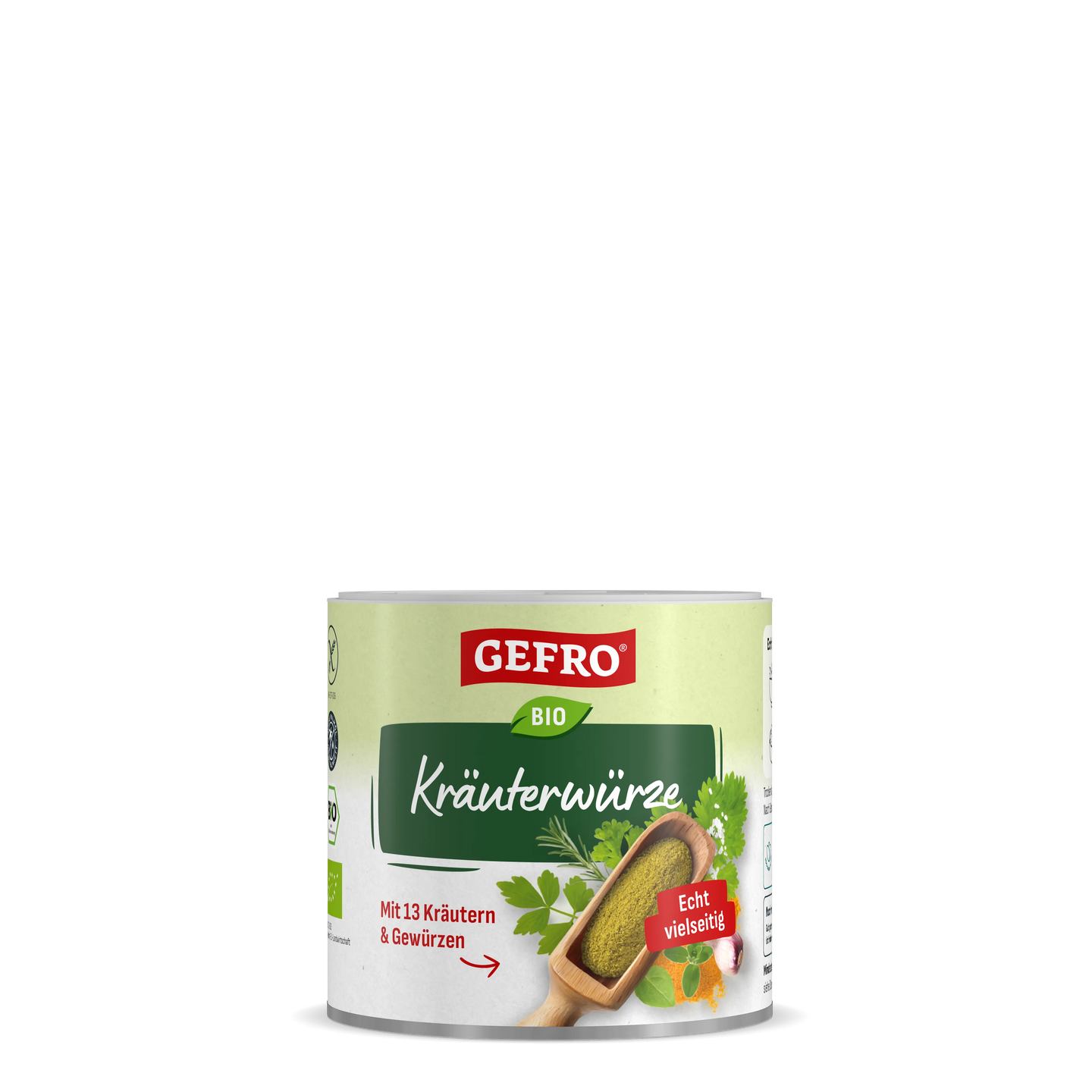 Dose Gefro Bio Kräuterwürze mit 13 Kräutern und Gewürzen, Produktverpackung mit grünem Etikett und Holzschaufel